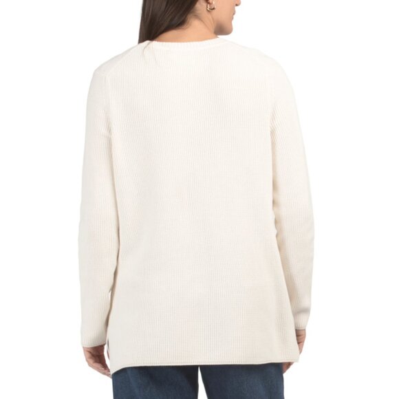 EDINBURGH KNITS Winter White Pima Cotton Ribbed V-neck Sweater - Picture 2 of 2